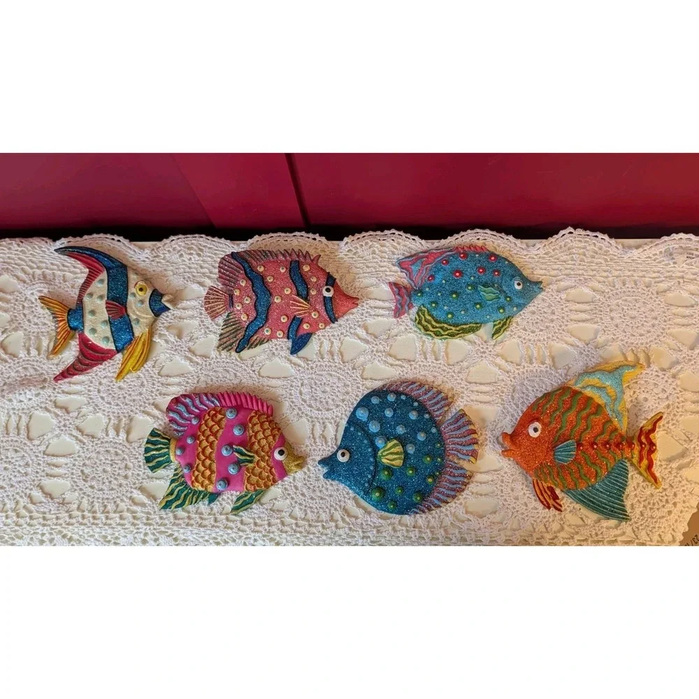 Colorful Tropical Glitter Fish Resin Wall Art Plaques Hanging Decor Set Of 6